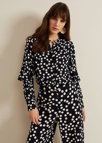 Phase Eight Peyton Polka Dot Frill Shirts Navy Canada | UFVWRO-014